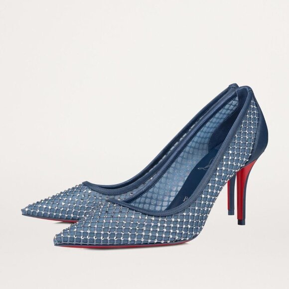SOLD NEW Christian Louboutin Apostropha 80 mm Pumps, Navy Blue Mesh Strass - Picture 1 of 8